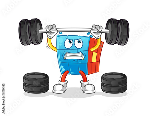 Rubik's Cube lifting the barbell character. cartoon mascot vector