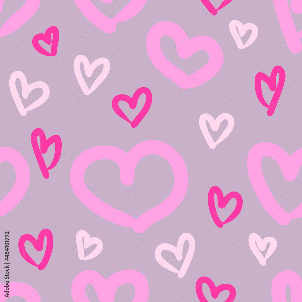 Hand drawn romantic seamless pattern with bright pink hearts. Perfect for T-shirt, textile and print. Doodle vector illustration for decor and design.
