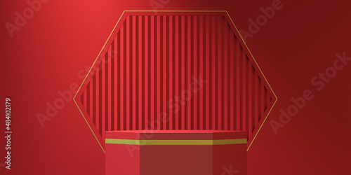 3d abstract background chinese style with product podium mockup on red background,3d render illustration