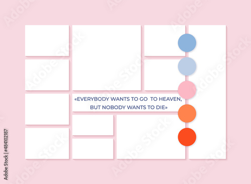 Moodboard layout. Collage template. Mood board background. Mosaic pictures album grid. Montage photo images. Retro photomontage frames. Poster design with colour palette and quote. Vector illustration