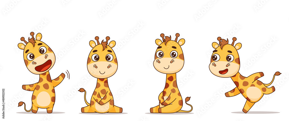 Obraz premium Set of giraffes in different poses, running, standing, sitting, waving. Vector illustration for designs, prints and patterns. Isolated on white background