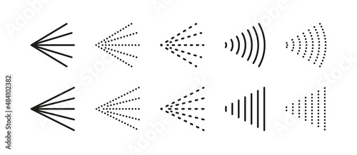 Spray steam icons for water, perfume, paint or deodorant. Scatter gas or aerosol haze. Spray symbols. Steam nozzle flows. Set of vector illustrations isolated on white background.