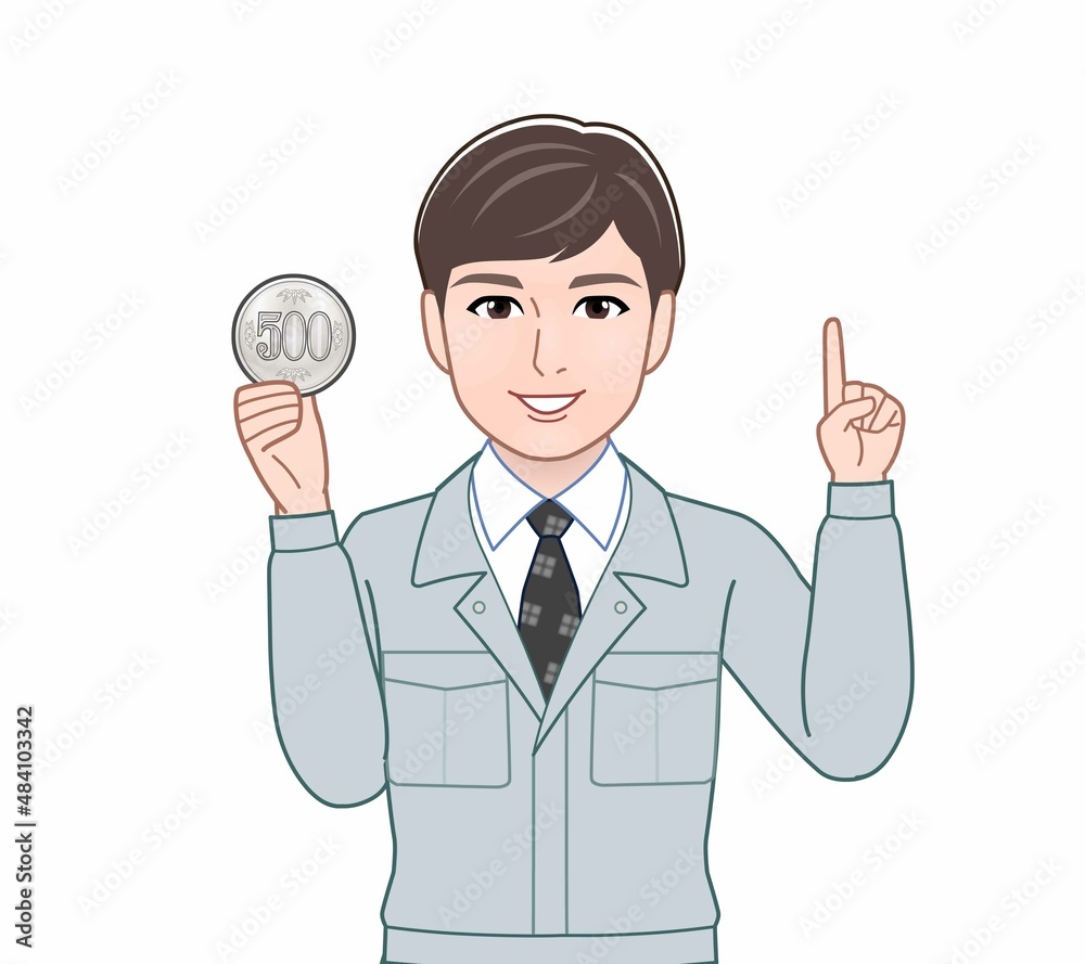 500円玉をもつ男性 500円玉をもつ男性