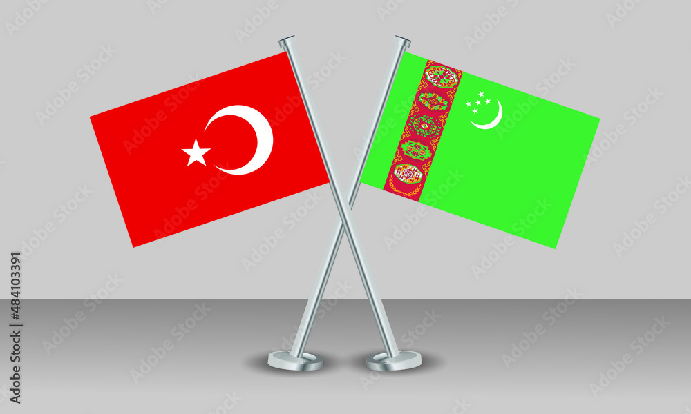 Crossed flags of Türkiye (Turkey) and Turkmenistan. Official colors. Correct proportion. Banner design
