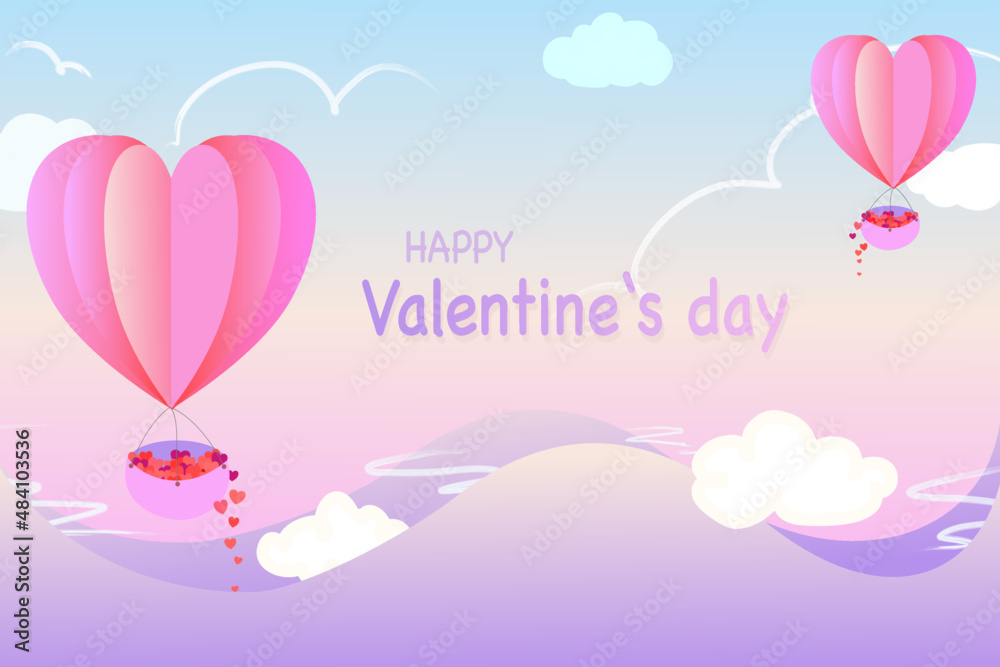 Valentine’s Day greeting card with heart balloons in the air fanciful pastel color tone.