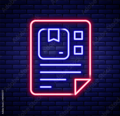 Glowing neon line Waybill icon isolated on brick wall background. Colorful outline concept. Vector