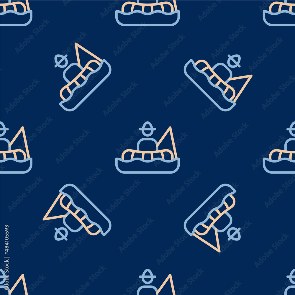 Line Fisherman sitting in a boat and fishing with a rod icon isolated seamless pattern on blue background. Vector
