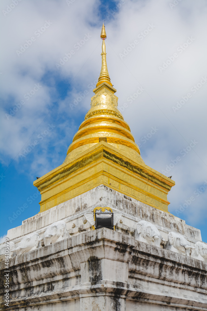 The golden stupa at Wat Phra That Chang Kham Worawihan or Phrathat Chang Kham Worawihan temple is the one attraction and has famous of Nan province, Thailand