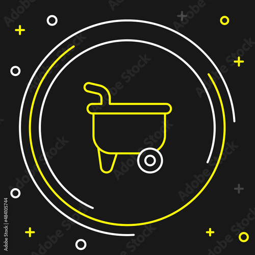 Line Wheelbarrow icon isolated on black background. Tool equipment. Agriculture cart wheel farm. Colorful outline concept. Vector