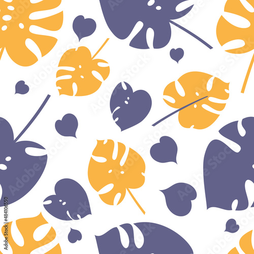 Tropical leaves. Monstera vector pattern. Random ornament. Bicolor palette. Flat style.