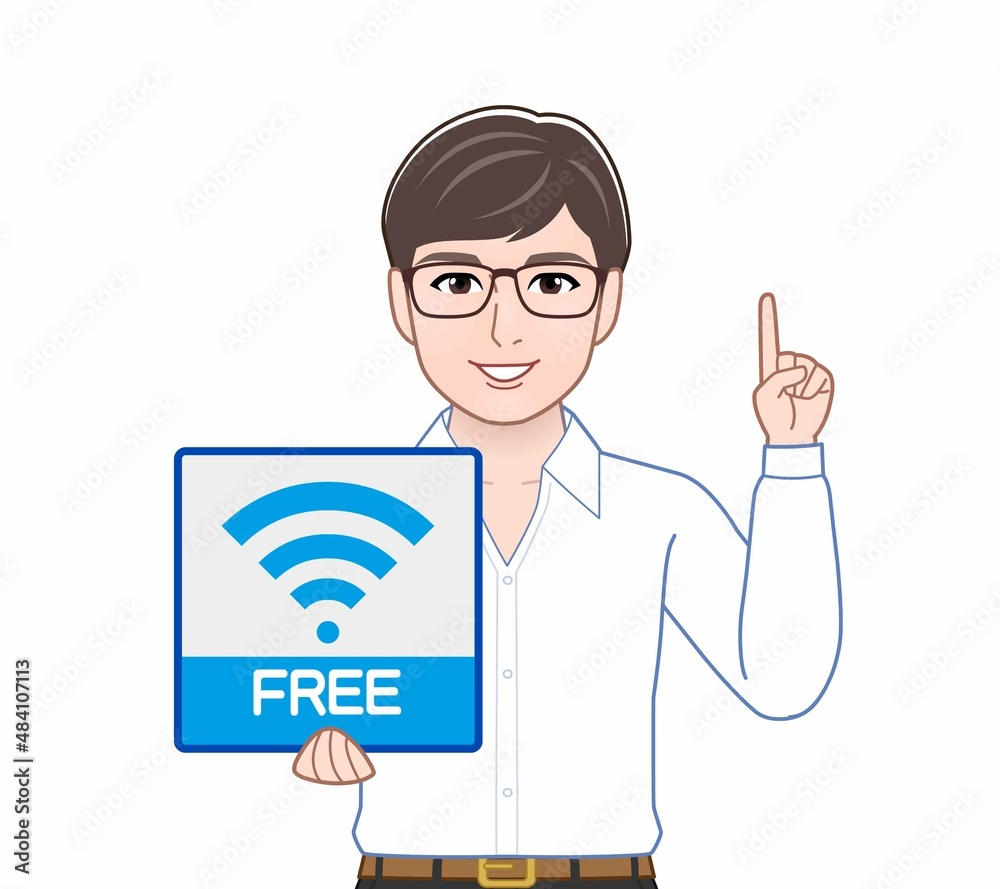 Wifiのパネルを持っている男性