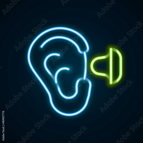 Glowing neon line Earplugs and ear icon isolated on black background. Ear plug sign. Noise symbol. Sleeping quality concept. Colorful outline concept. Vector