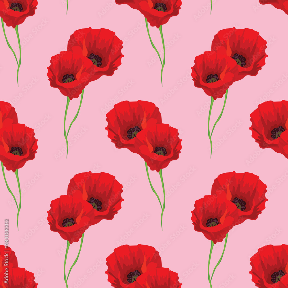 Naklejka premium poppy flower and butterflies seamless design