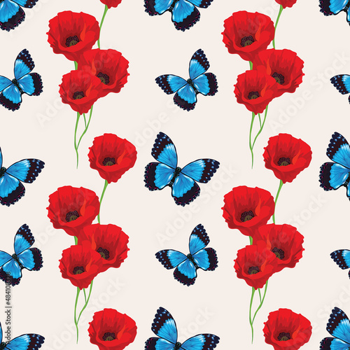 poppy flower and butterflies seamless design