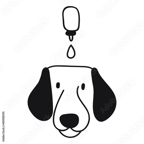Dog face. Medicine against ticks. Vector outline illustration on white background.