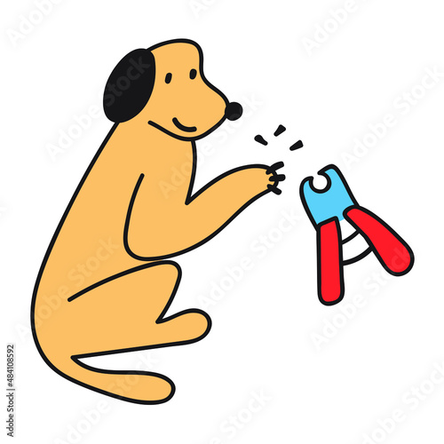 Dog nail cutting. Hand drawn flat vector illustration on white background.