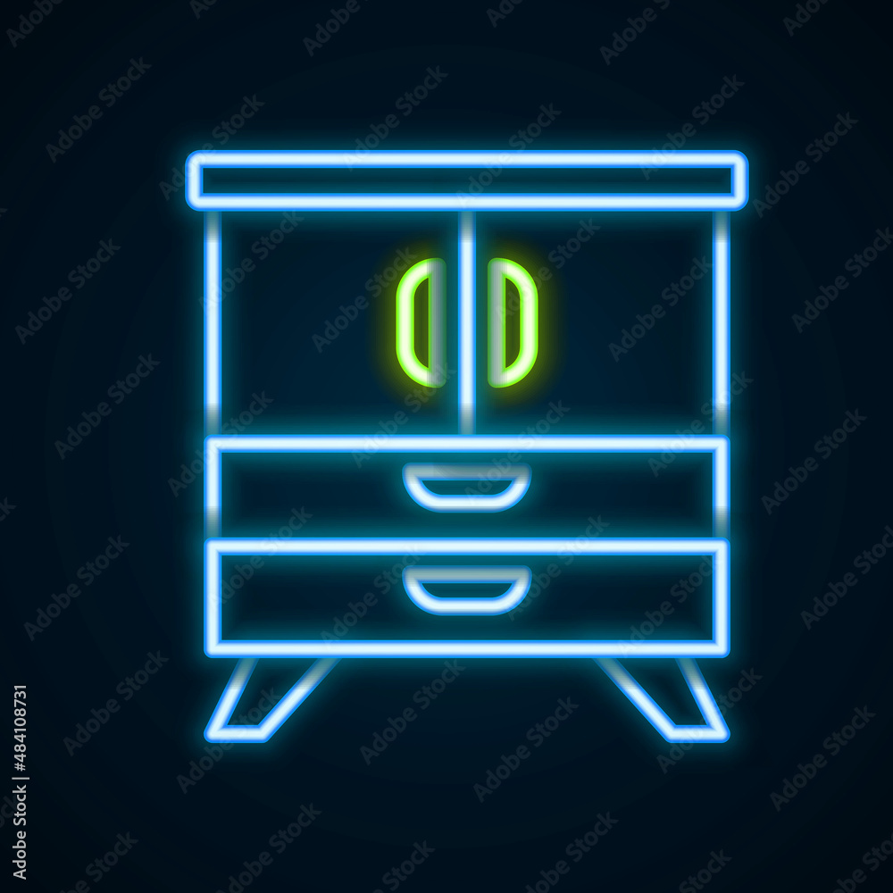 Glowing neon line Chest of drawers icon isolated on black background. Colorful outline concept. Vector Glowing neon line Chest of drawers icon isolated on black background. Colorful outline concept. Vector