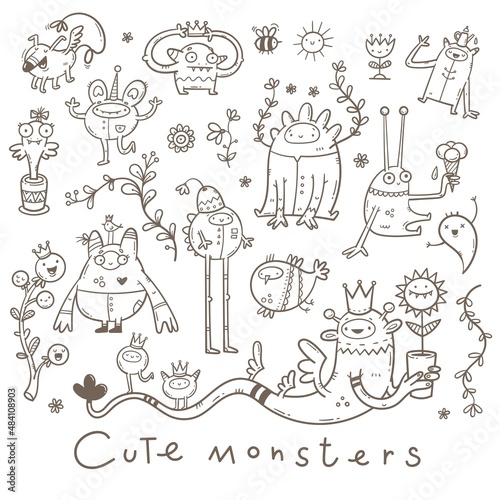 Set with cute cartoon monsters. Fabulous collection of creatures. Funny animal sticker pack. Line art doodle poster.