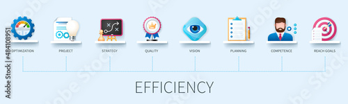 Efficiency concept with icons. Optimization, project, strategy, quality, vision, planning, competence, reach goals. Business concept. Web vector infographic in 3D style