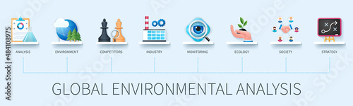 Global Environmental Analysis concept with icons. Analysis, environmental, competitors, industry, monitoring, ecology, society, strategy. Business concept. Web vector infographic in 3D style