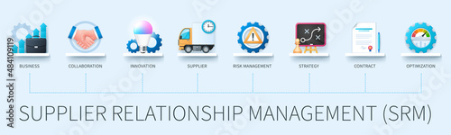 Supplier Relationship Management SRM concept with icons. Business, collaboration, innovation, supplier, risk management, strategy, contract, optimization. Business concept. Web vector infographic in 3
