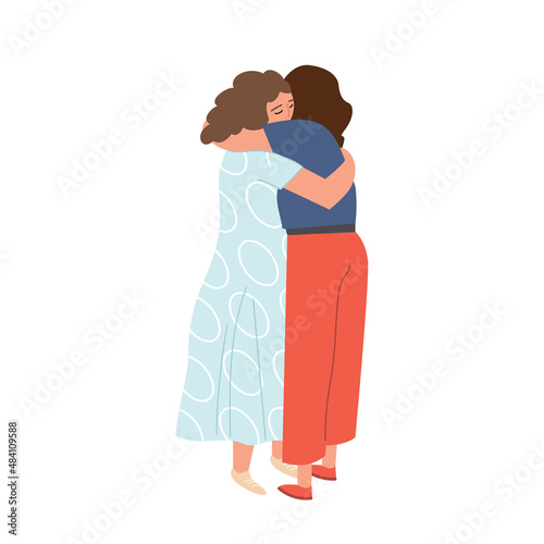 Couple in love hugs. Love relationship of two woman. Taking care of each other. Strong embrace of two partners. Cartoon characters. Hand-drawn vector illustration. All elements are isolated.