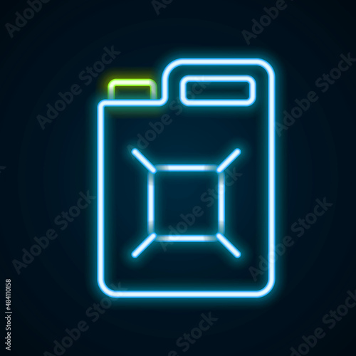 Glowing neon line Canister for gasoline icon isolated on black background. Diesel gas icon. Colorful outline concept. Vector