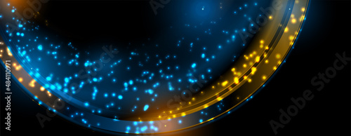 Blue orange golden shiny wave with sparkling lights abstract background. Vector banner design
