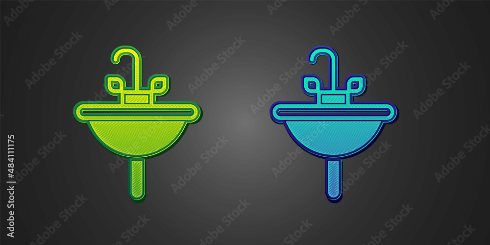 Green and blue Washbasin with water tap icon isolated on black background. Vector Green and blue Washbasin with water tap icon isolated on black background. Vector