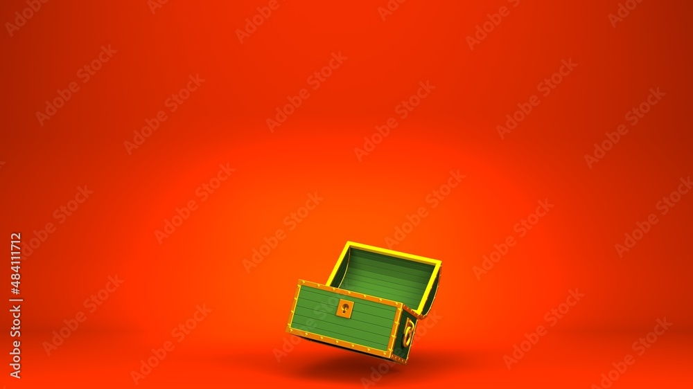 Obraz premium Green treasure chest on red copy space. 3D illustration for background. 