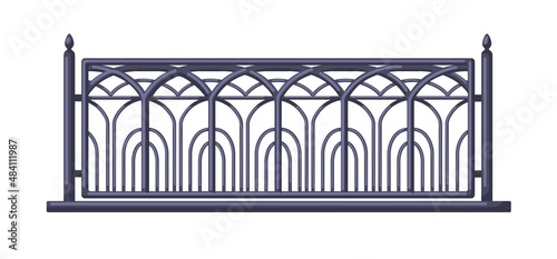 Metal fence. Blacksmith fencing, wrought railing. Iron handrail with ornament...
