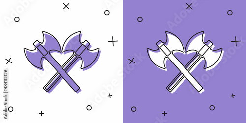Set Crossed medieval axes icon isolated on white and purple background. Battle axe, executioner axe. Medieval weapon. Vector