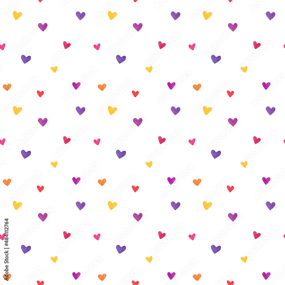 Seamless pattern of watercolor multi-colored hearts on a white background.