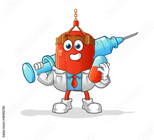 punching bag doctor holding medichine and injection