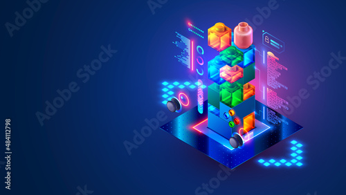 Programming children courses. Computer Games design online kids tutorial. Creations computer game code of for teens. Coding of program in the form building simple of a tower of bricks. Banner concept