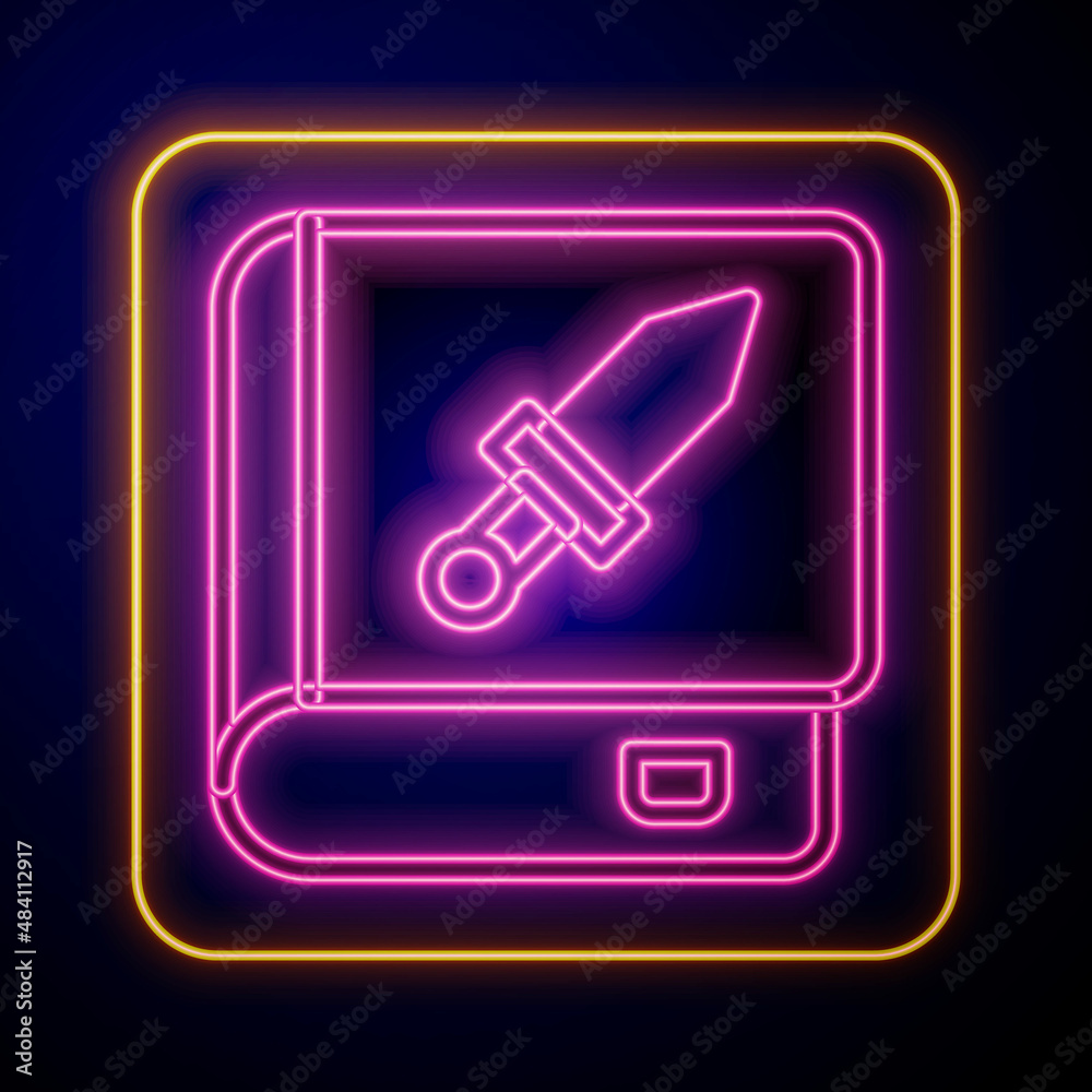 Glowing neon Book about weapon icon isolated on black background. Small firearm. Weapon catalog. Vector Glowing neon Book about weapon icon isolated on black background. Small firearm. Weapon catalog. Vector
