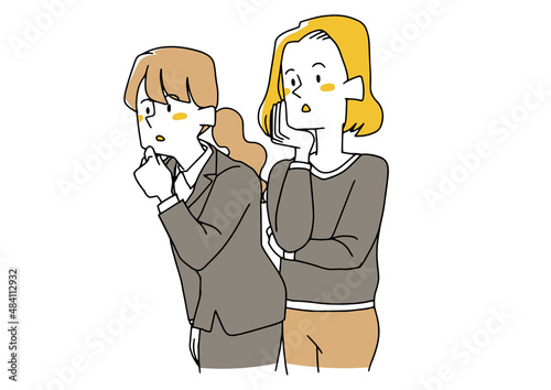 横に注目している若い女性　コミカルな手書きの人物イラスト　ベクター線画にシンプルな色つけ　
