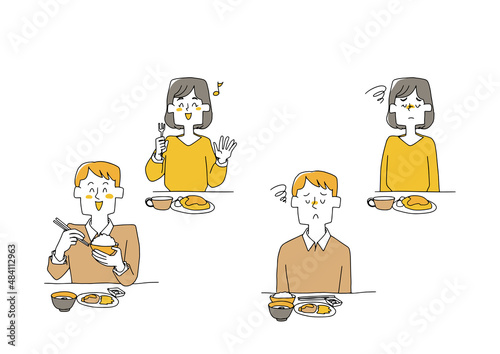 食事を摂っている人物のセット　健康と不健康　コミカルな手書きの人物イラスト
