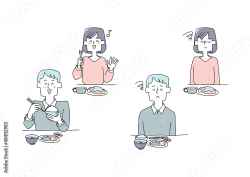 食事を摂っている人物のセット　健康と不健康　コミカルな手書きの人物イラスト