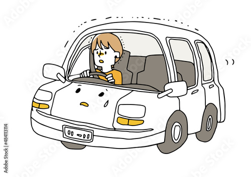 不安を感じながら運転している女性　コミカルな手書きの人物イラスト　ベクター線画にシンプルな色つけ　