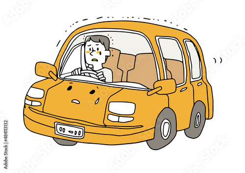 不安を感じながら運転している女性　コミカルな手書きの人物イラスト　ベクター線画にシンプルな色つけ　