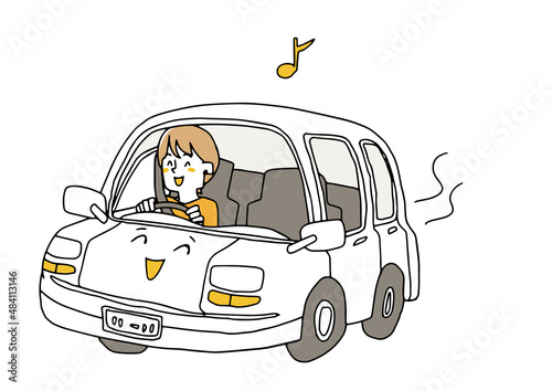 快適なドライブをしている女性　コミカルな手書きの人物イラスト　ベクター線画にシンプルな色つけ　