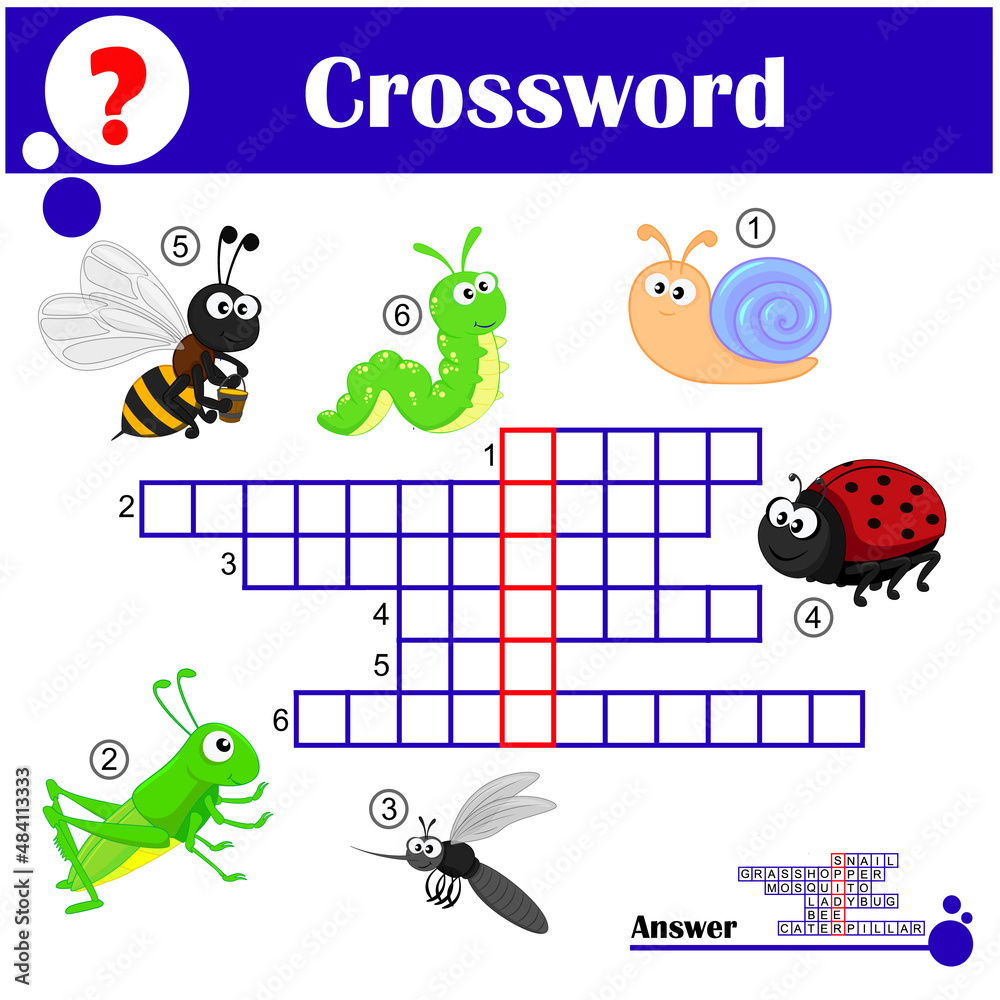 Crossword. Vector education game for children. Cute insects