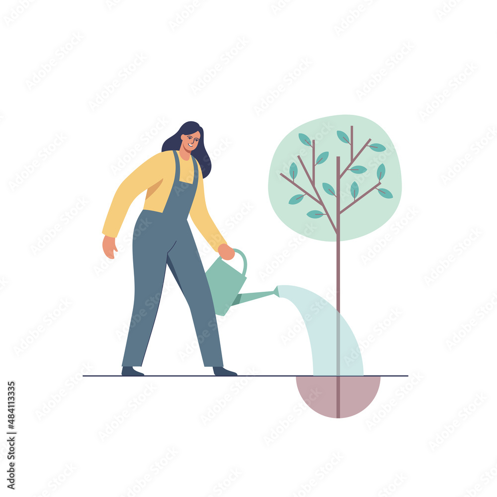 Woman planting and watering tree. Female character caring for garden. Vector illustration.