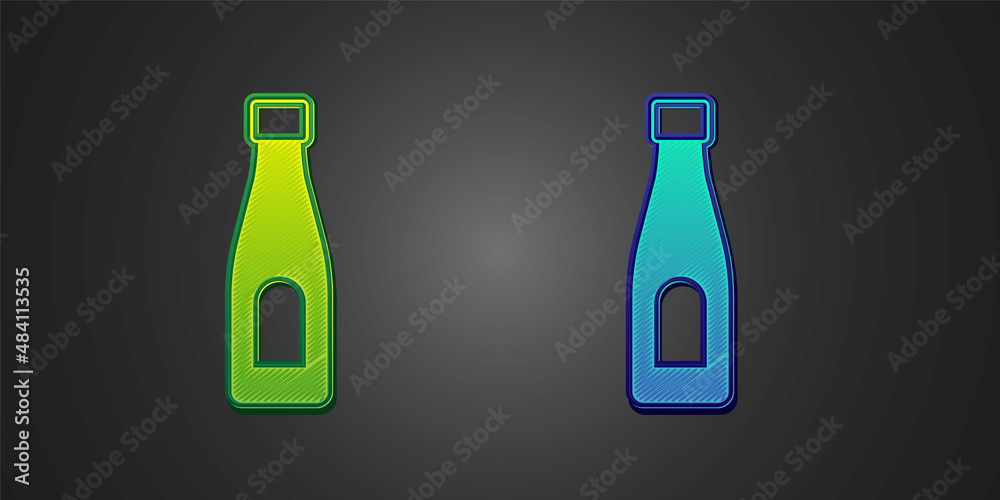 Green and blue Bottle of water icon isolated on black background. Soda aqua drink sign. Vector