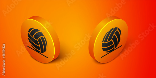 Isometric Volleyball ball icon isolated on orange background. Sport equipment. Orange circle button. Vector