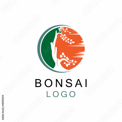 Oriental Bonsai Art, Japanese Mini Small Plant Tree on Pot Silhouette logo design vector