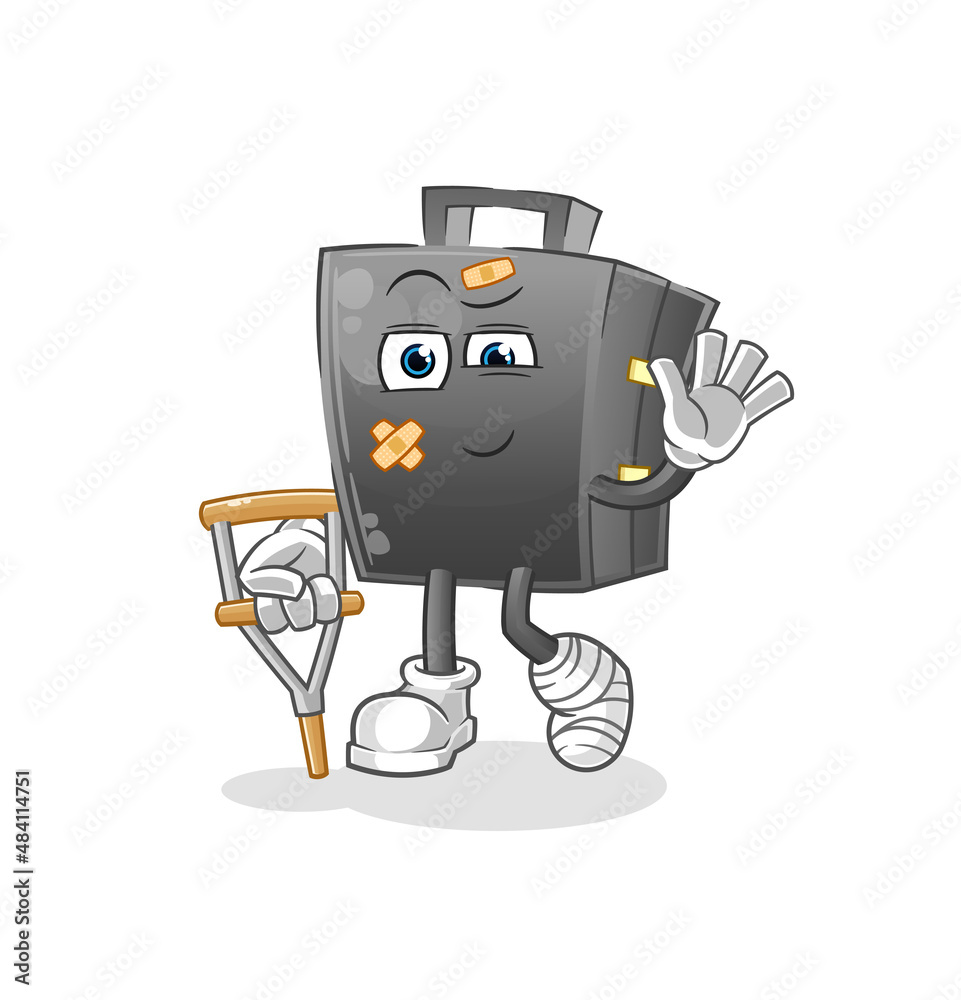 Fototapeta premium briefcase sick with limping stick. cartoon mascot vector