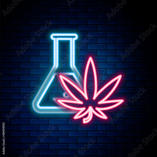 Glowing neon line Chemical test tube with marijuana or cannabis leaf icon isolated on brick wall background. Research concept. Laboratory CBD oil concept. Colorful outline concept. Vector