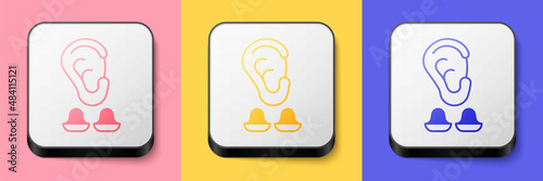 Isometric Earplugs and ear icon isolated on pink, yellow and blue background. Ear plug sign. Noise symbol. Sleeping quality concept. Square button. Vector